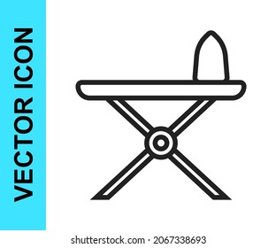 Black line Electric iron and ironing board icon isolated on white background. Steam iron.  Vector