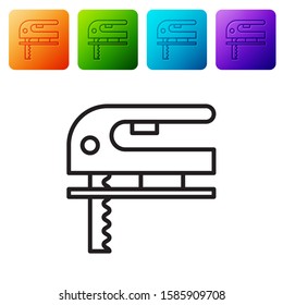 Black line Electric jigsaw with steel sharp blade icon isolated on white background. Power tool for woodwork. Set icons in color square buttons. Vector Illustration