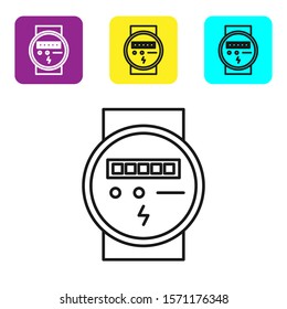 Black line Electric meter icon isolated on white background. Set icons colorful square buttons. Vector Illustration
