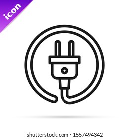 Black line Electric plug icon isolated on white background. Concept of connection and disconnection of the electricity.  Vector Illustration