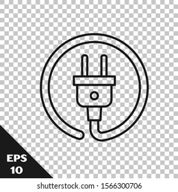 Black line Electric plug icon isolated on transparent background. Concept of connection and disconnection of the electricity.  Vector Illustration