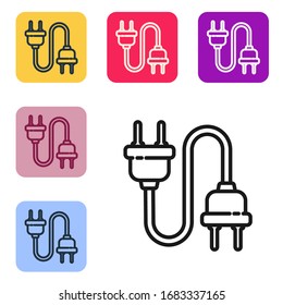 Black line Electric plug icon isolated on white background. Concept of connection and disconnection of the electricity. Set icons in color square buttons. Vector Illustration
