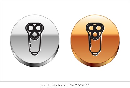 Black line Electric razor blade for men icon isolated on white background. Electric shaver. Silver-gold circle button. Vector Illustration