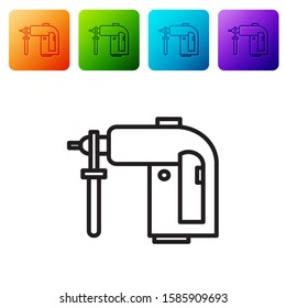 Black line Electric rotary hammer drill machine icon isolated on white background. Working tool for construction, finishing, repair work. Set icons in color square buttons. Vector Illustration