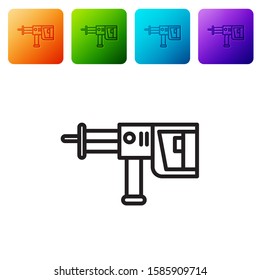 Black line Electric rotary hammer drill machine icon isolated on white background. Working tool for construction, finishing, repair work. Set icons in color square buttons. Vector Illustration