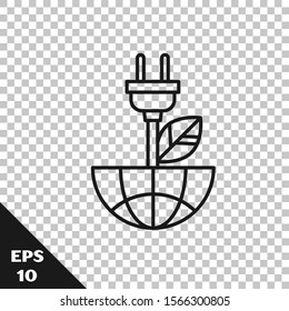 Black line Electric saving plug in leaf icon isolated on transparent background. Save energy electricity icon. Environmental protection icon. Bio energy.  Vector Illustration