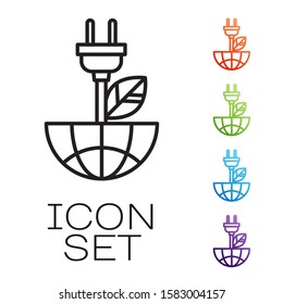 Black line Electric saving plug in leaf icon isolated on white background. Save energy electricity icon. Environmental protection icon. Bio energy. Set icons colorful. Vector Illustration