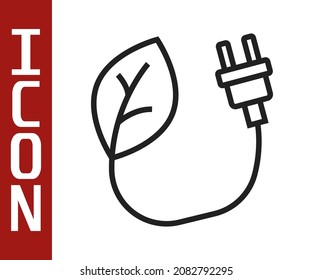 Black line Electric saving plug in leaf icon isolated on white background. Save energy electricity. Environmental protection. Bio energy.  Vector