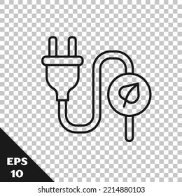Black line Electric saving plug in leaf icon isolated on transparent background. Save energy electricity. Environmental protection. Bio energy.  Vector