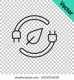 Black line Electric saving plug in leaf icon isolated on transparent background. Save energy electricity. Environmental protection. Bio energy.  Vector