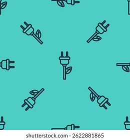 Black line Electric saving plug in leaf icon isolated seamless pattern on green background. Save energy electricity. Environmental protection. Bio energy.  Vector Illustration
