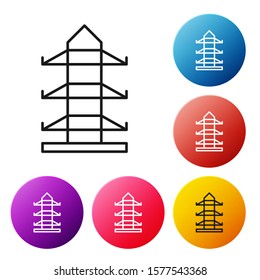 Schwarze Linie Elektrischer Turm, der zur Unterstützung einer Oberleitung Symbol einzeln auf weißem Hintergrund. Hochspannungsleitung Stellen Sie die Symbole bunter Kreis-Schaltflächen ein. Vektorillustration-Illustration