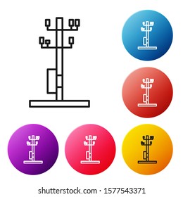 Black line Electric tower used to support an overhead power line icon isolated on white background. High voltage power pole line. Set icons colorful circle buttons. Vector Illustration