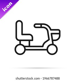 Black line Electric wheelchair for disabled people icon isolated on white background. Mobility scooter icon.  Vector