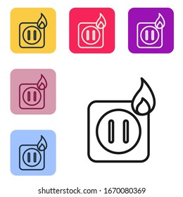 Black line Electric wiring of socket in fire icon isolated on white background. Electrical safety concept. Plug outlet on fire. Set icons in color square buttons. Vector Illustration