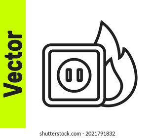 Black line Electric wiring of socket in fire icon isolated on white background. Electrical safety concept. Plug outlet on fire.  Vector