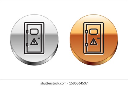 Black line Electrical cabinet icon isolated on white background. Silver-gold circle button. Vector Illustration