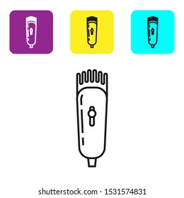 Black line Electrical hair clipper or shaver icon isolated on white background. Barbershop symbol. Set icons colorful square buttons. Vector Illustration