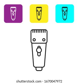 Black line Electrical hair clipper or shaver icon isolated on white background. Barbershop symbol. Set icons colorful square buttons. Vector Illustration