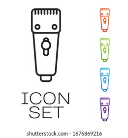 Black line Electrical hair clipper or shaver icon isolated on white background. Barbershop symbol. Set icons colorful. Vector Illustration