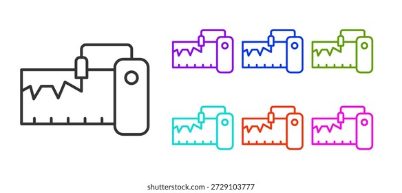 Schwarze Linie Symbol für elektrisches Messgerät einzeln auf weißem Hintergrund. Analoggeräte. Laboruntersuchungen von Messgeräten. Setzen Sie die Symbole bunt. Vektorgrafik