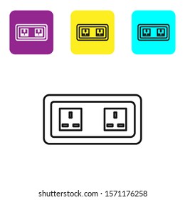 Black line Electrical outlet icon isolated on white background. Power socket. Rosette symbol. Set icons colorful square buttons. Vector Illustration