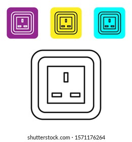 Black line Electrical outlet icon isolated on white background. Power socket. Rosette symbol. Set icons colorful square buttons. Vector Illustration