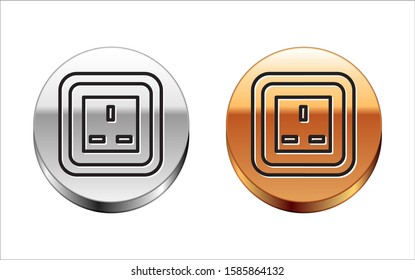 Black line Electrical outlet icon isolated on white background. Power socket. Rosette symbol. Silver-gold circle button. Vector Illustration