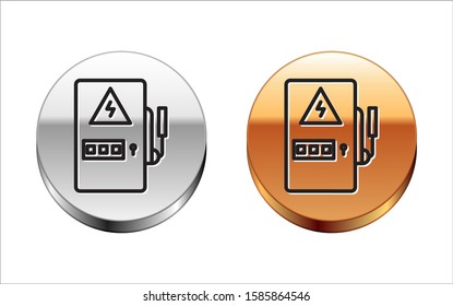 Black line Electrical panel icon isolated on white background. Silver-gold circle button. Vector Illustration