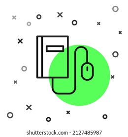 Black line Electronic book with mouse icon isolated on white background. Online education concept. E-book badge icon.  Vector Illustration