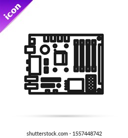 Black line Electronic computer components motherboard digital chip integrated science icon isolated on white background. Circuit board.  Vector Illustration