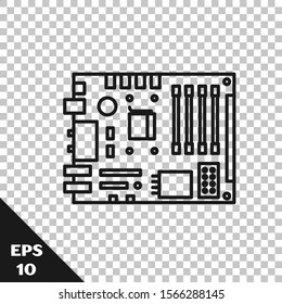 Black line Electronic computer components motherboard digital chip integrated science icon isolated on transparent background. Circuit board.  Vector Illustration