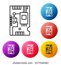 Black line Electronic computer components motherboard digital chip integrated science icon isolated on white background. Circuit board. Set icons colorful circle buttons. Vector Illustration