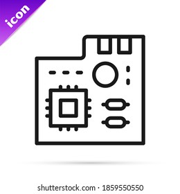 Black line Electronic computer components motherboard digital chip integrated science icon isolated on white background. Circuit board.  Vector