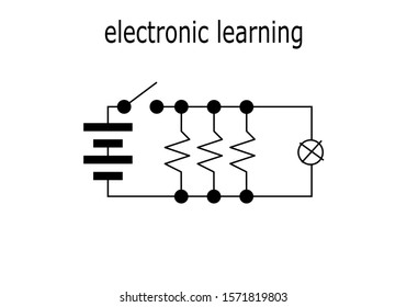 black line electronic diagram lamp resistance and battery cell with texts isolated on white background basic electronic learning vector 