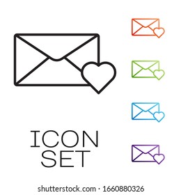 Black line Envelope with 8 March icon isolated on white background. Message love. Letter love and romance. International Happy Women Day. Set icons colorful. Vector Illustration