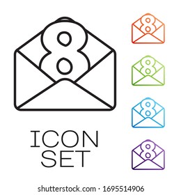 Black line Envelope with 8 March icon isolated on white background. Message love. Letter love and romance. International Happy Women Day. Set icons colorful. Vector Illustration