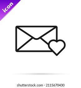 Sobre de línea negra con icono del 8 de marzo aislado sobre fondo blanco. Mensaje amor. Carta de amor y romance. Día Internacional de la Mujer Feliz.  Ilustración vectorial