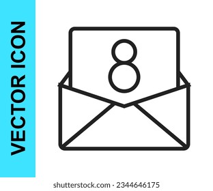 Black line Envelope with 8 March icon isolated on white background. Message love. Letter love and romance. International Happy Women Day.  Vector