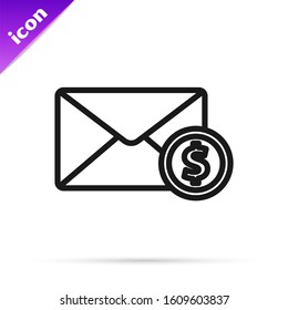 Black line Envelope with coin dollar symbol icon isolated on white background. Salary increase, money payroll, compensation income.  Vector Illustration