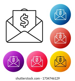 Black line Envelope with coin dollar symbol icon isolated on white background. Salary increase, money payroll, compensation income. Set icons colorful circle buttons. Vector Illustration