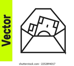 Sobre de línea negra con símbolo de dólar de moneda aislado en fondo blanco. Aumento salarial, nómina de dinero, ingresos por compensación.  Vector