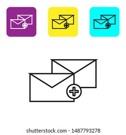 Black line Envelope icon isolated on white background. Received message concept. New, email incoming message, sms. Mail delivery service. Set icons colorful square buttons. Vector Illustration Black line Envelope icon isolated on white background. Received message concept. New, email incoming message, sms. Mail delivery service. Set icons colorful square buttons. Vector Illustration