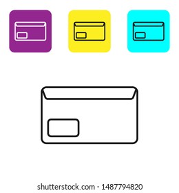 Black line Envelope icon isolated on white background. Email message letter symbol. Set icons colorful square buttons. Vector Illustration