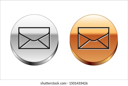 Black line Envelope icon isolated on white background. Email message letter symbol.  Silver-gold circle button. Vector Illustration