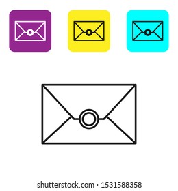 Black line Envelope icon isolated on white background. Email message letter symbol. Set icons colorful square buttons. Vector Illustration