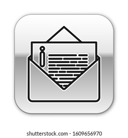Black line Envelope icon isolated on white background. Email message letter symbol. Silver square button. Vector Illustration