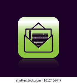 Black line Envelope icon isolated on black background. Email message letter symbol. Green square button. Vector Illustration