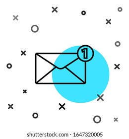 Icono sobre línea negra aislado en fondo blanco. Concepto de mensaje recibido. Nuevo mensaje entrante de correo electrónico, sms. Servicio de entrega de correo. Formas dinámicas aleatorias.  Ilustración vectorial