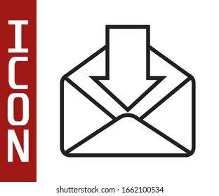 Icono sobre línea negra aislado en fondo blanco. Concepto de mensaje recibido. Nuevo mensaje entrante de correo electrónico, sms. Servicio de entrega de correo. Ilustración vectorial